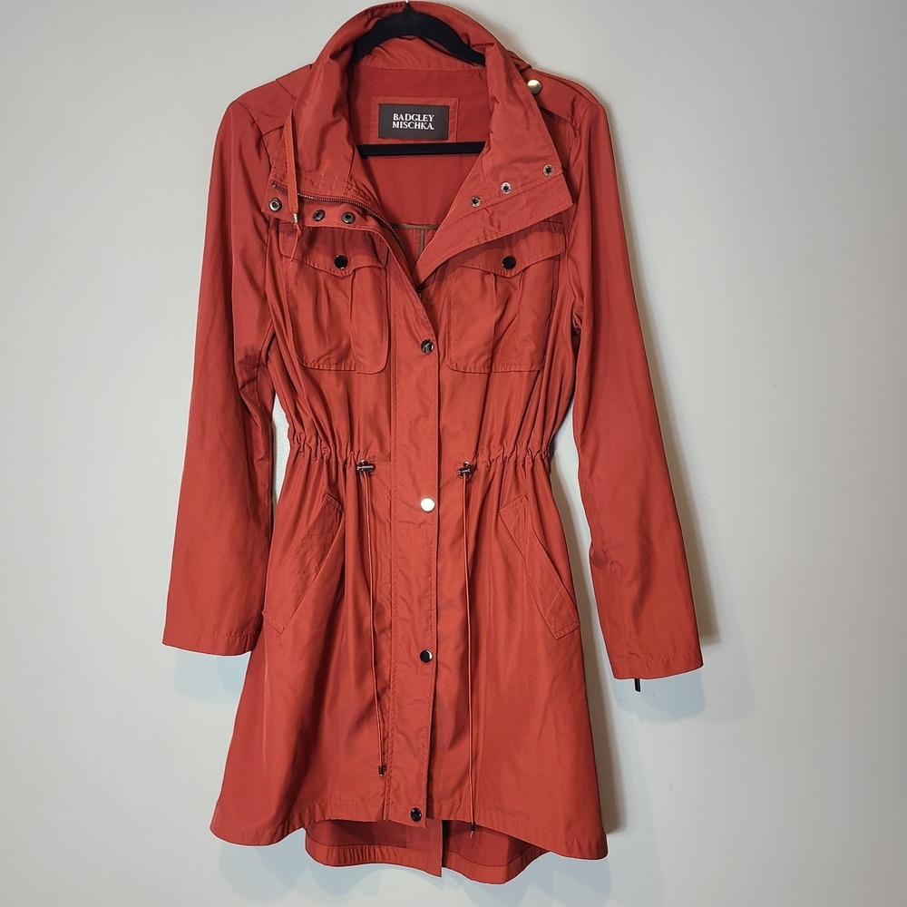 Badgley Mischka women coat jacket hooded sz M $189 Rust Red Spring